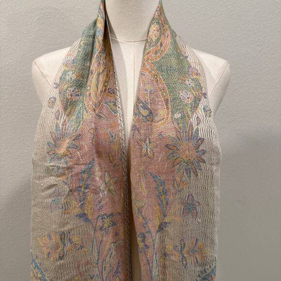 Pashmina Silk Blend Paisley Floral Scarf Shawl Neutral Pastel Boho Quiet Luxury - Picture 3 of 5